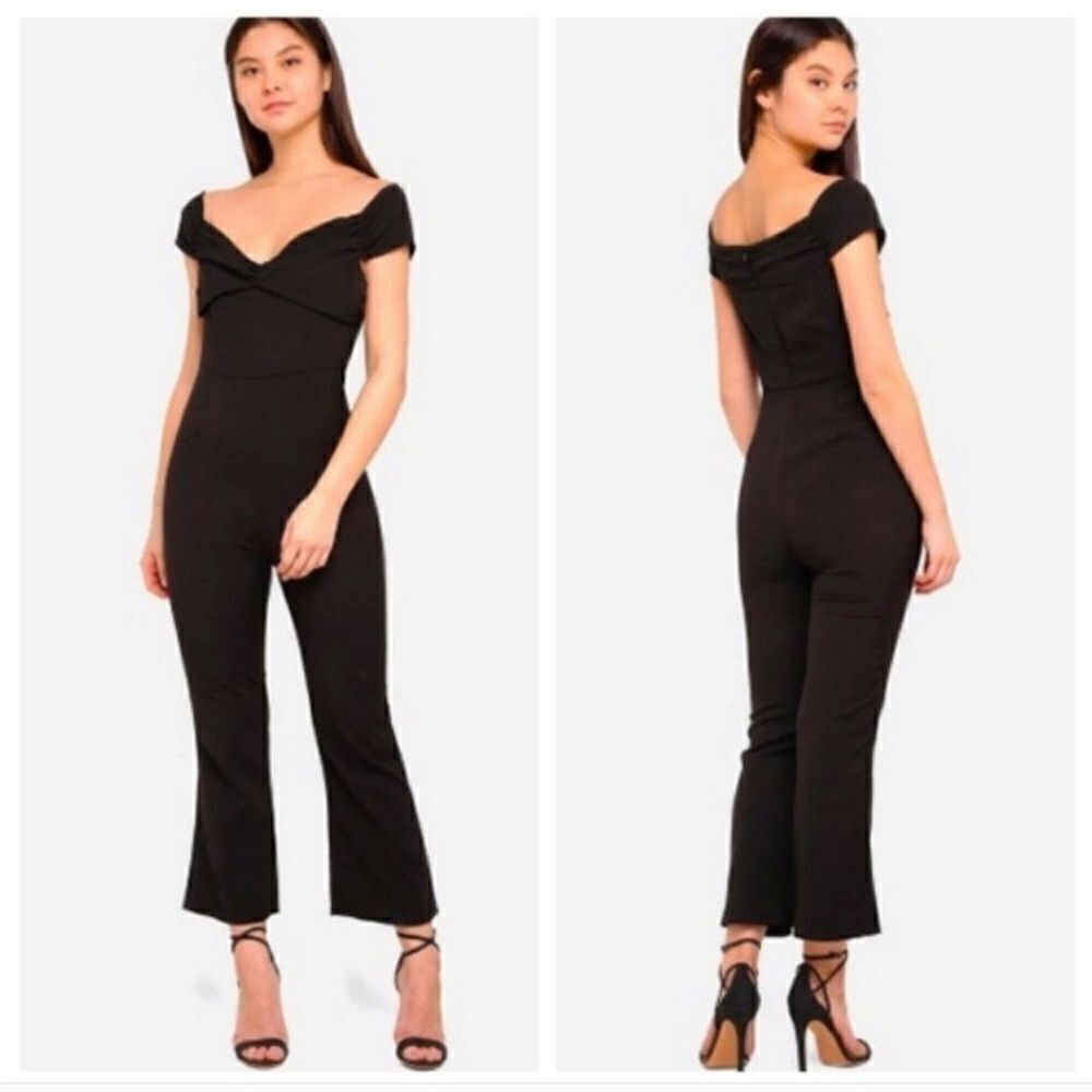 NEW Foxiedox Thea Bardot Off Shoulder Crop Jumpsuit in Black Size Medium